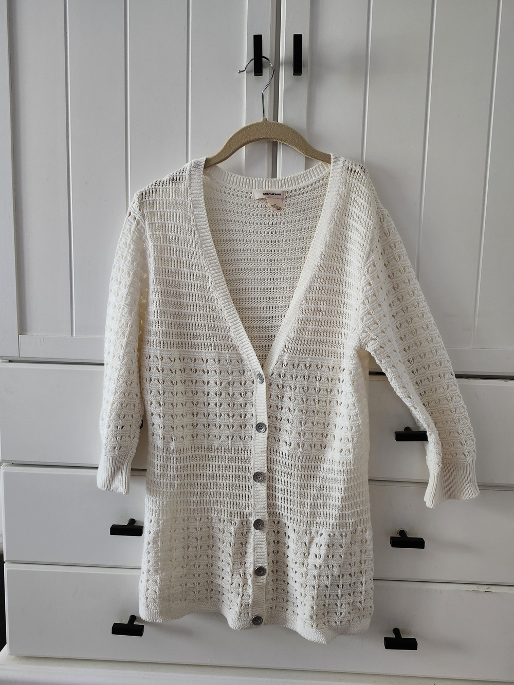 Dkny Ivory Open-Weave Button Front Cardigan Sz M